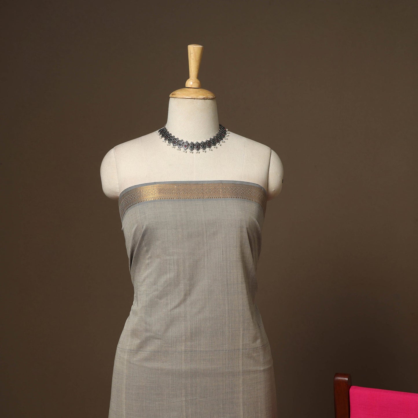 Grey - 3pc handloom cotton unstitched mangalagiri dress
