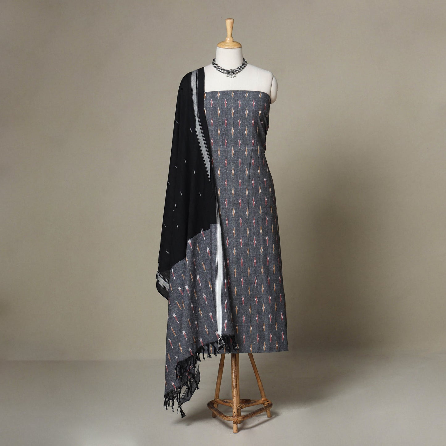 Grey - 3pc handloom cotton unstitched pochampally ikat