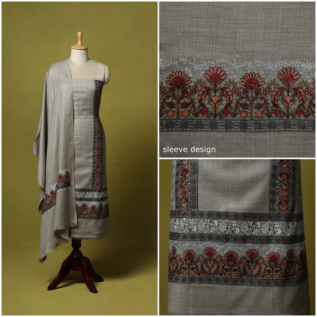 Grey - 3pc heavy chain stitch embroidered merino wool