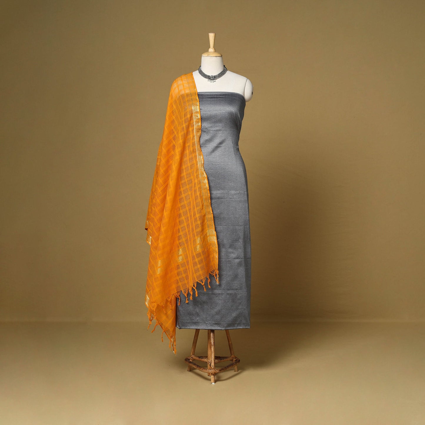Grey - 3pc karnataka weave cotton unstitched khun dress