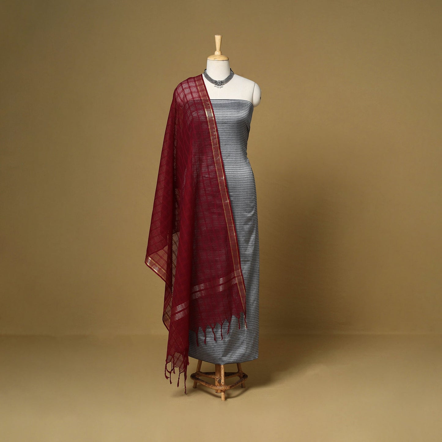 Grey - 3pc karnataka weave cotton unstitched khun dress