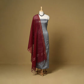 Grey - 3pc karnataka weave cotton unstitched khun dress