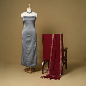 Grey - 3pc karnataka weave cotton unstitched khun dress