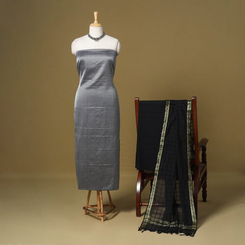 Grey - 3pc karnataka weave cotton unstitched khun dress