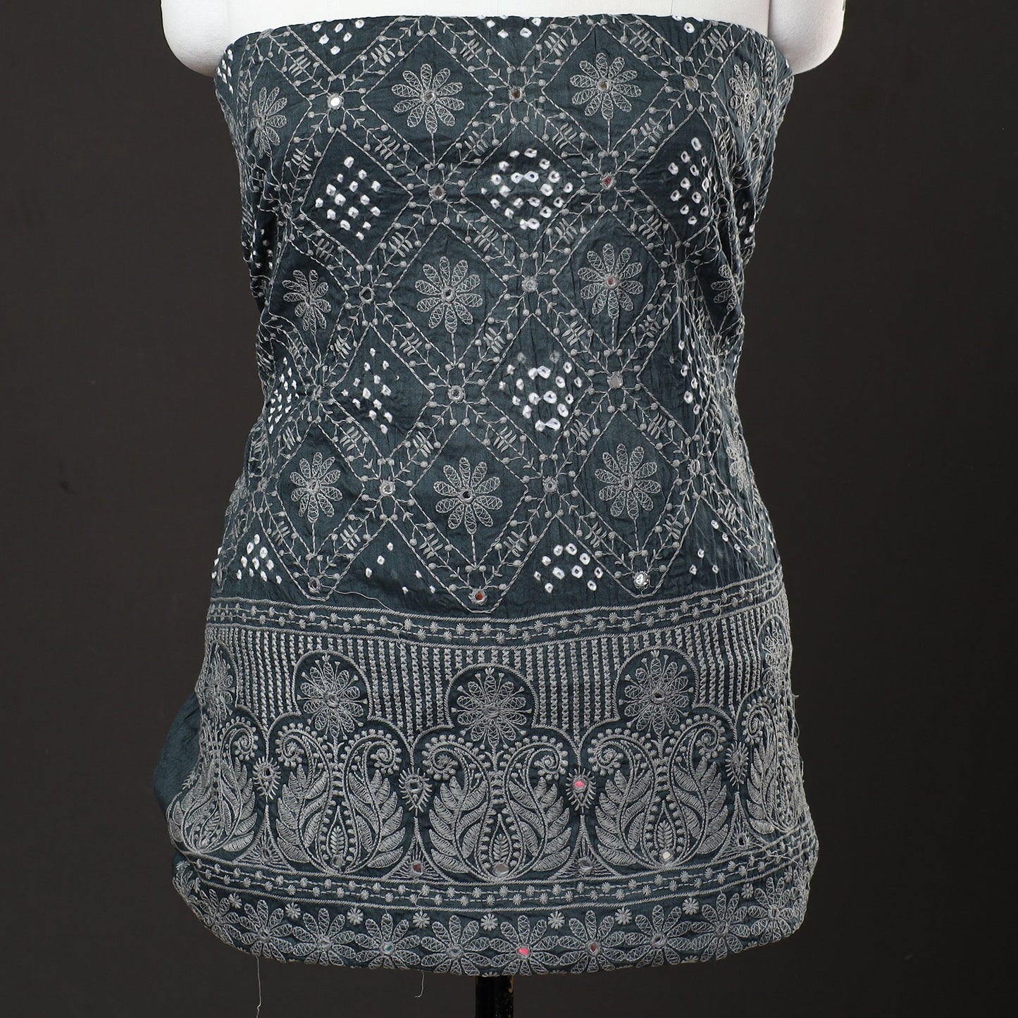  3pc Kutch Bandhani Tie-Dye Mirror Work Satin Cotton Suit Material Set 80 