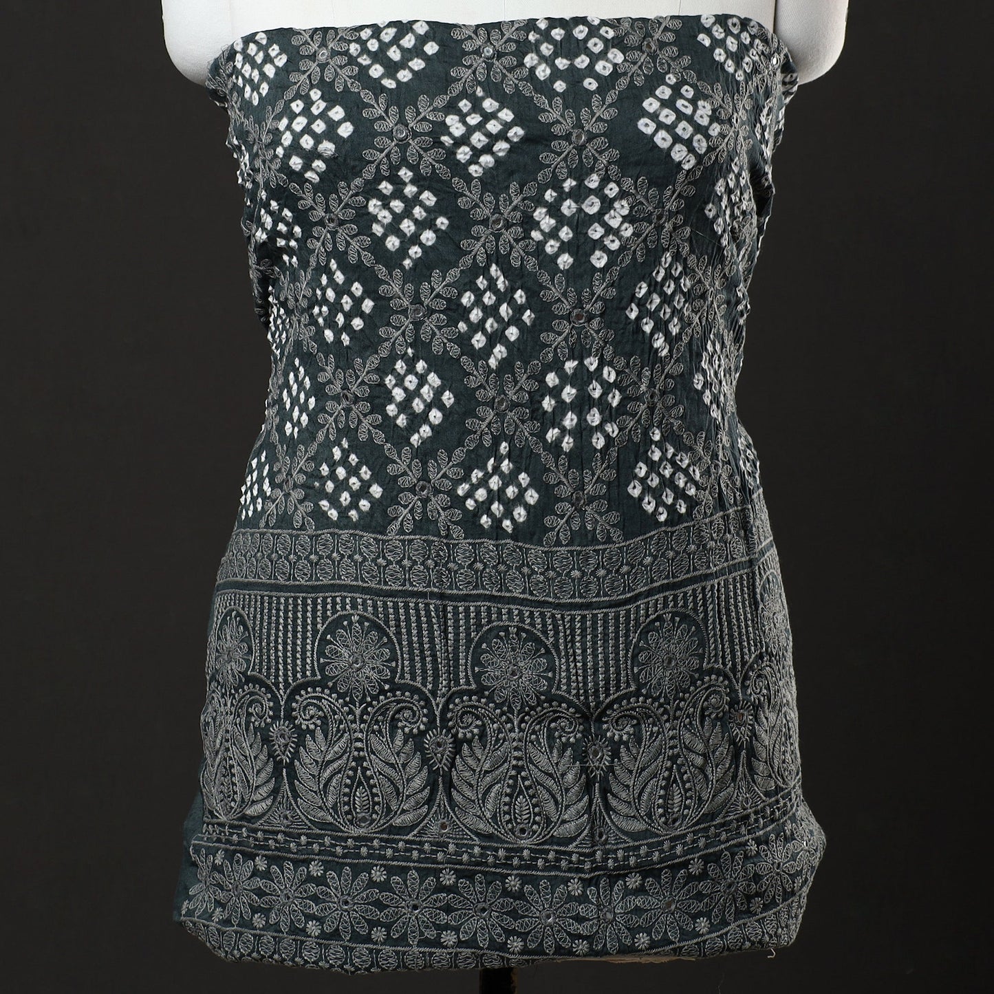 3pc Grey Kutch Bandhani Tie-Dye Satin Cotton Dress Material 