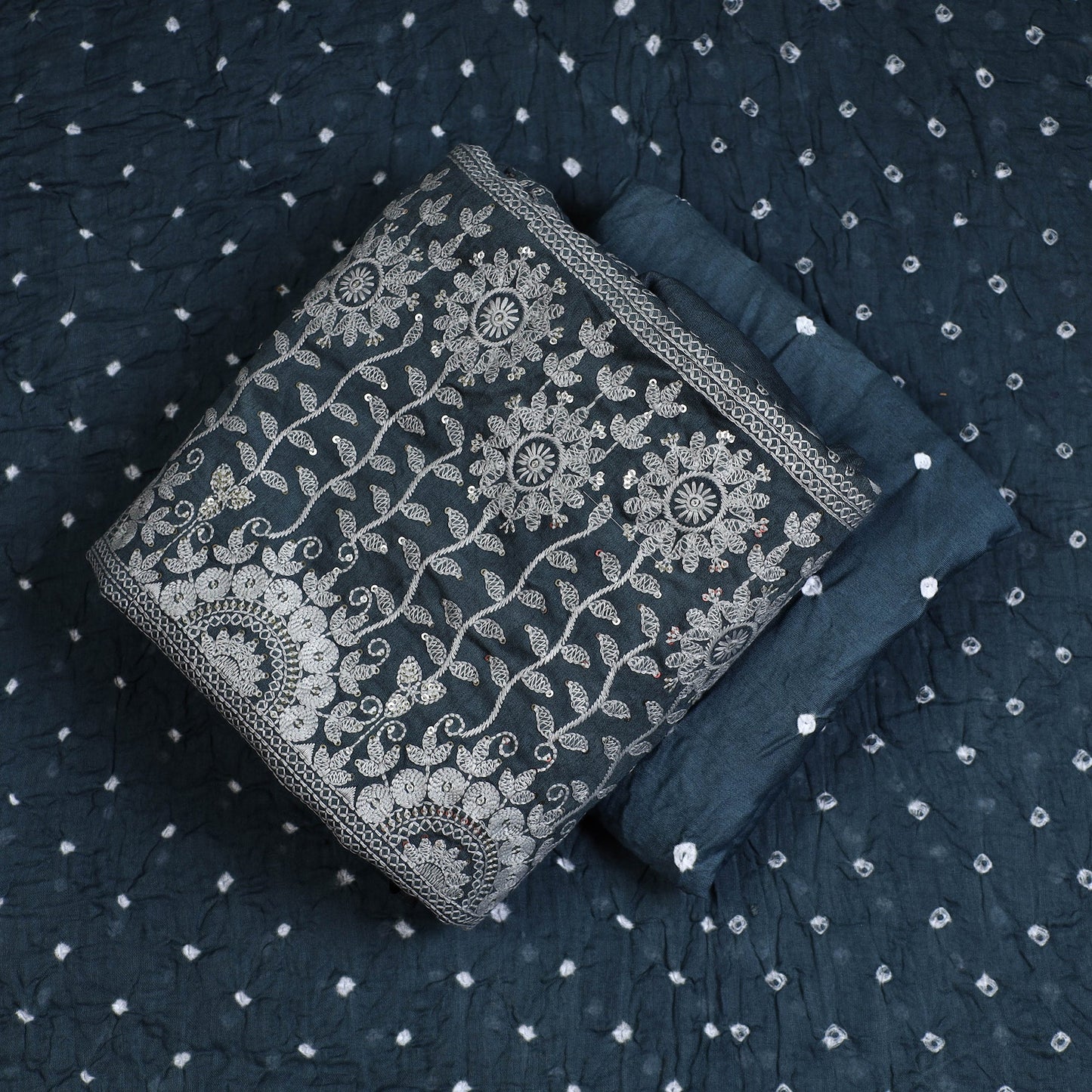  3pc Kutch Bandhani Tie-Dye Satin Cotton Suit Material Set 