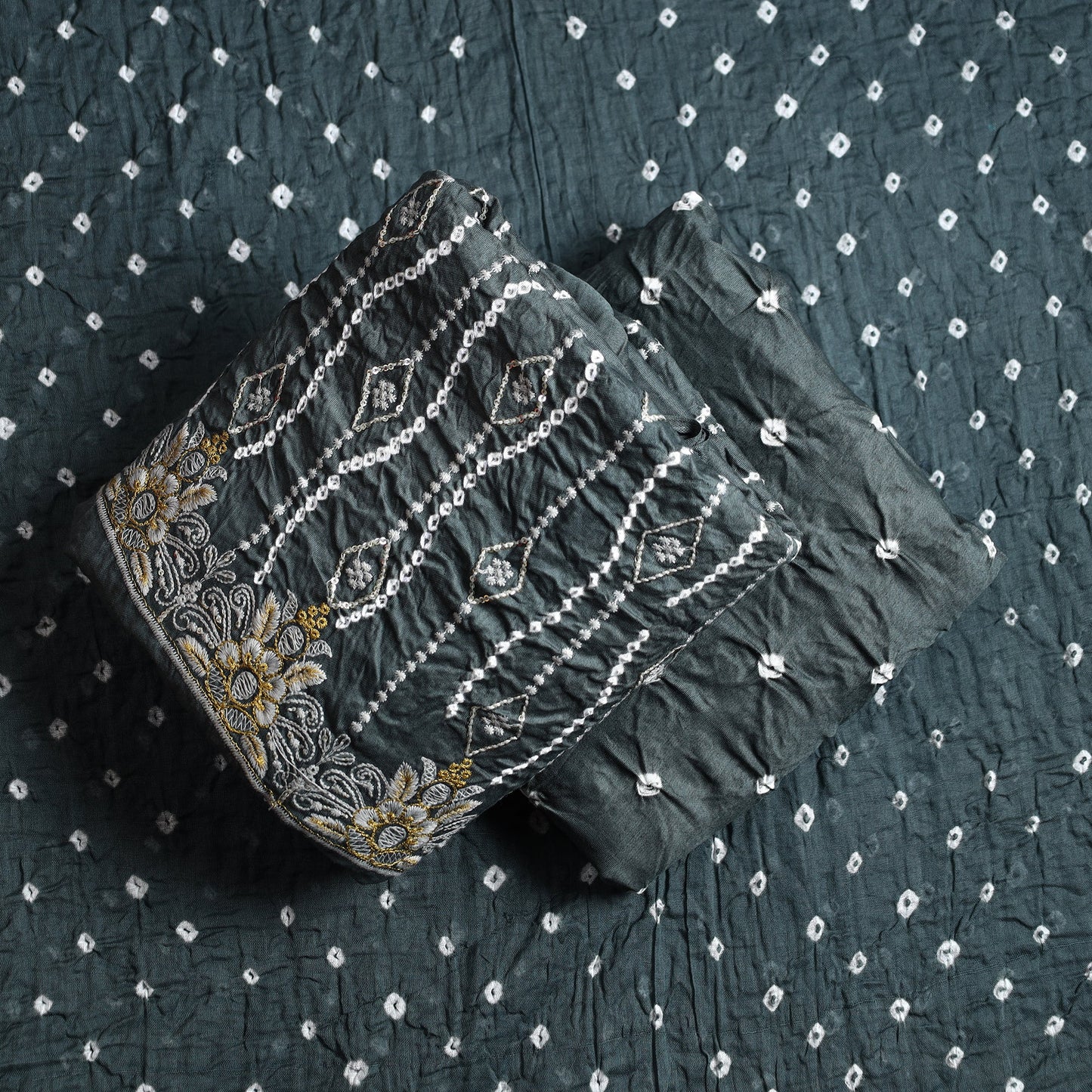 3pc Grey Kutch Bandhani Tie-Dye Satin Cotton Suit Material Set