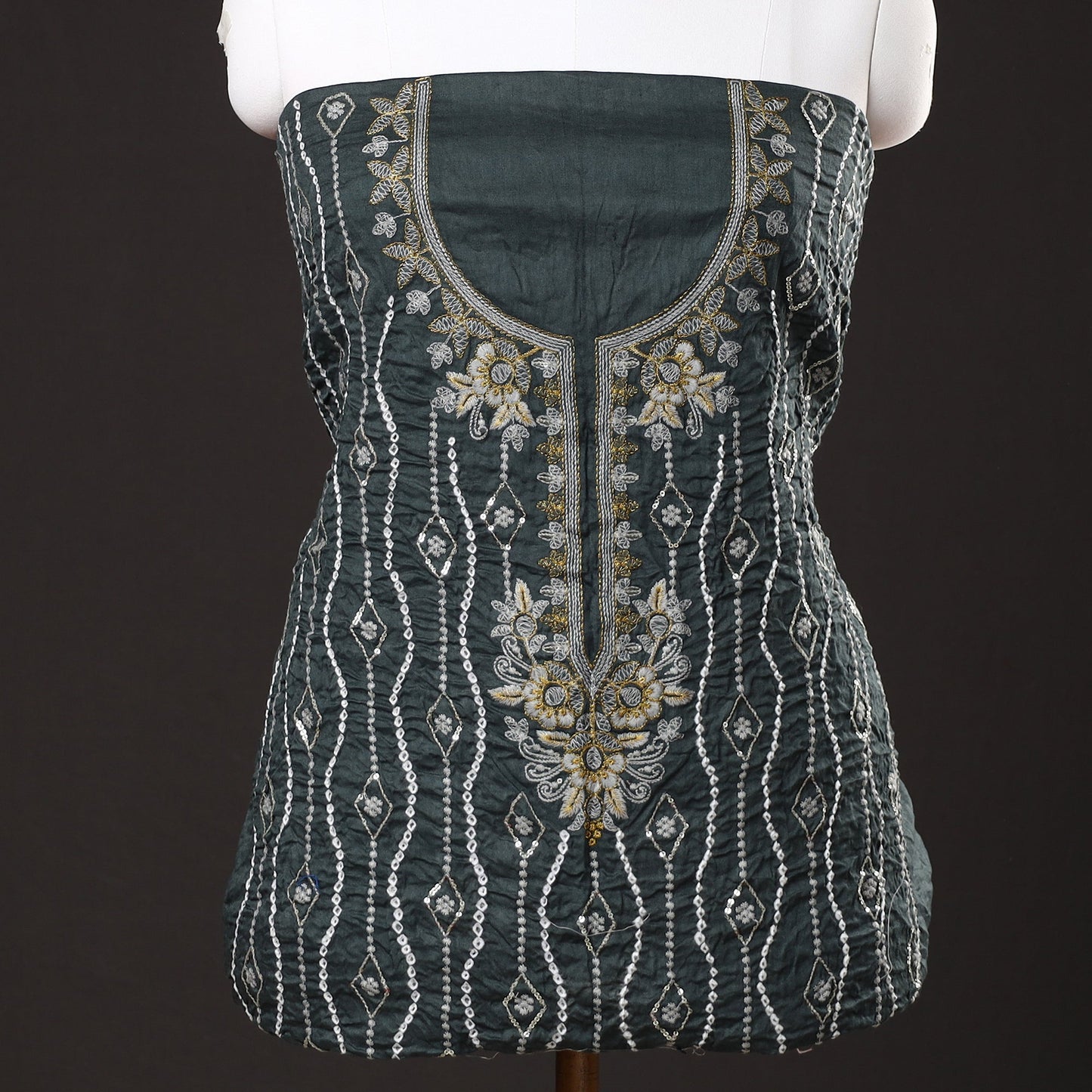 3pc Grey Kutch Bandhani Tie-Dye Satin Cotton Suit Material Set