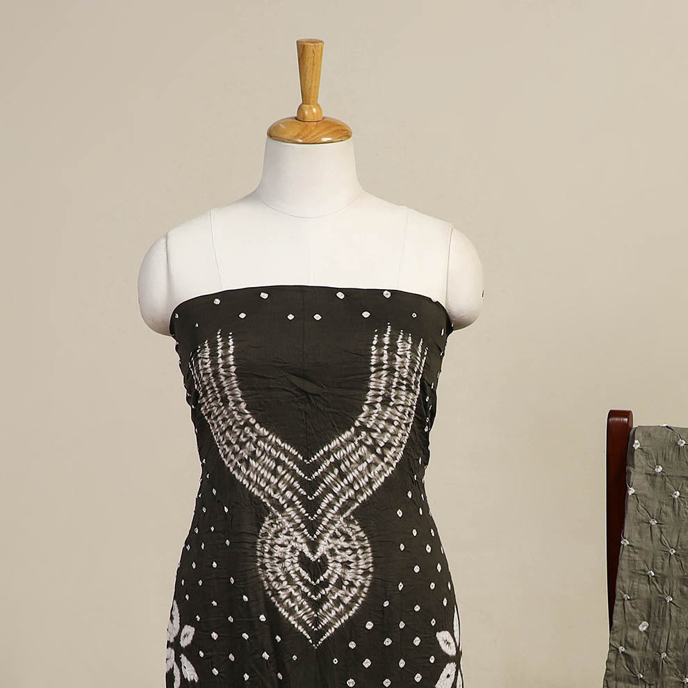 Grey 3pc Kutch Tie-Dye Satin Cotton Bandhani Dress Material