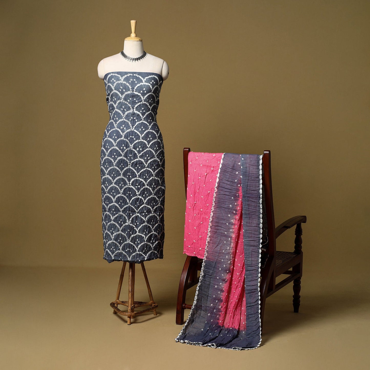 3pc kutch tie-dye satin cotton unstitched bandhani dress