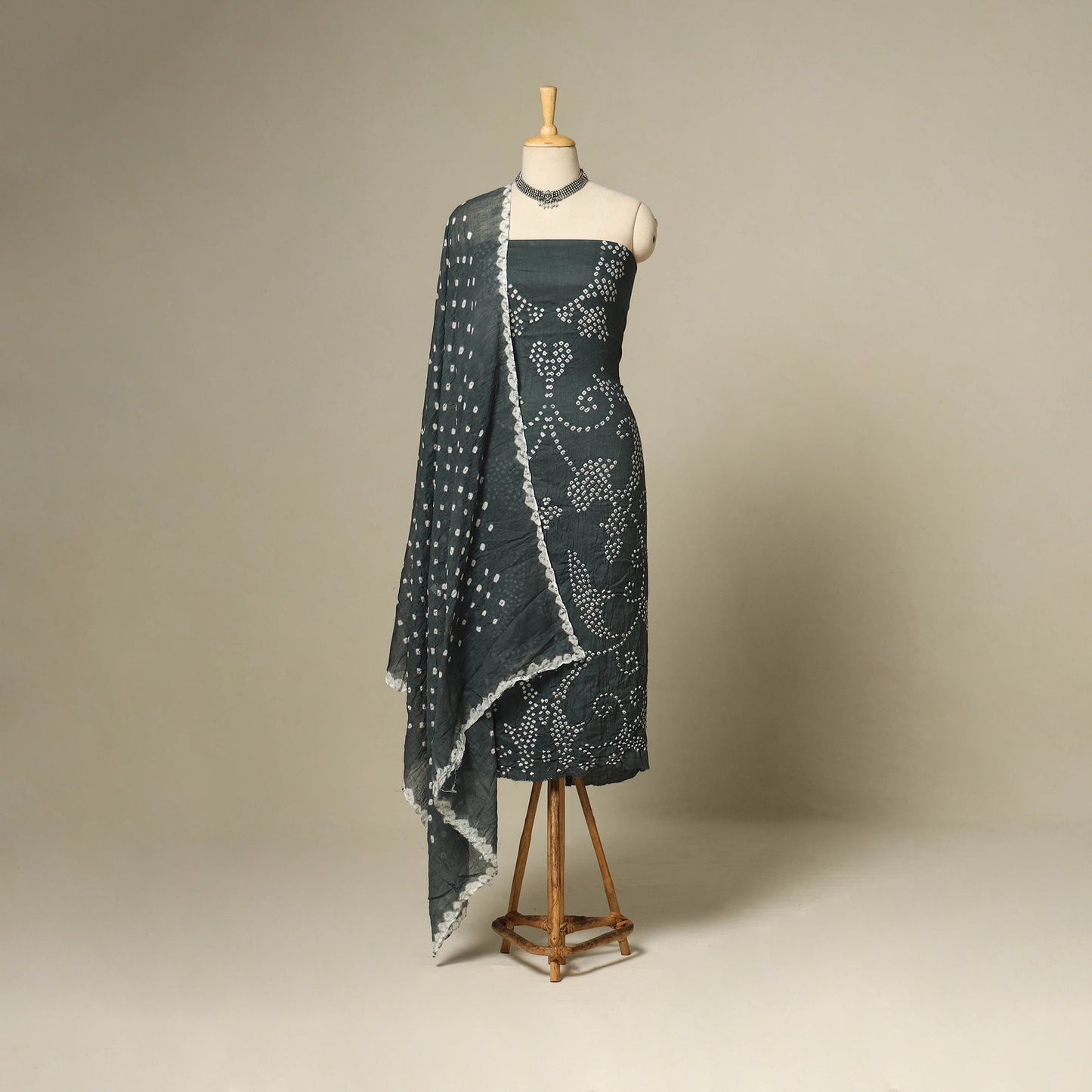 Grey - 3pc kutch tie-dye satin cotton unstitched bandhani