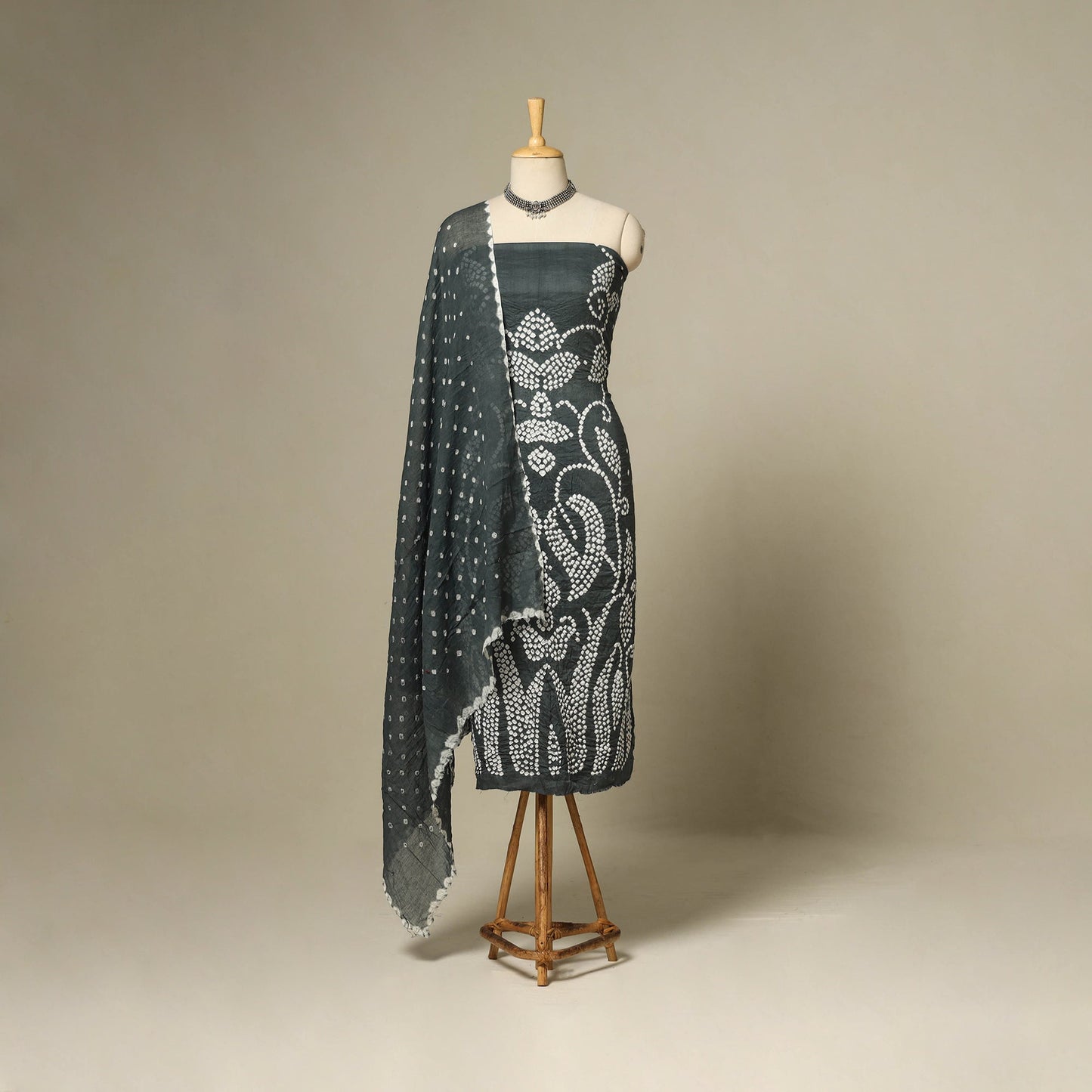 Grey - 3pc kutch tie-dye satin cotton unstitched bandhani