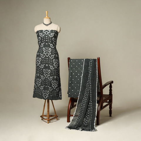 Grey - 3pc kutch tie-dye satin cotton unstitched bandhani