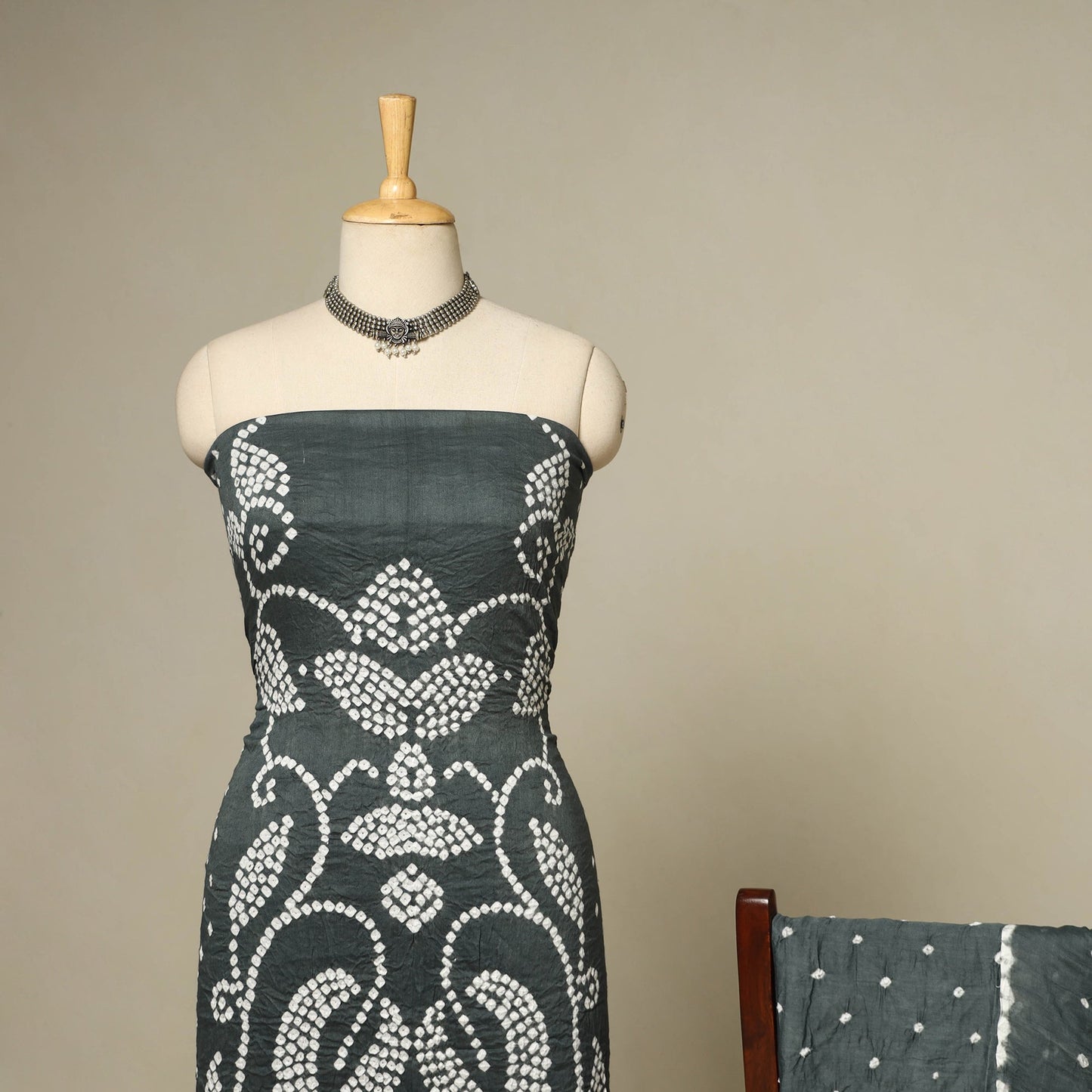 Grey - 3pc kutch tie-dye satin cotton unstitched bandhani