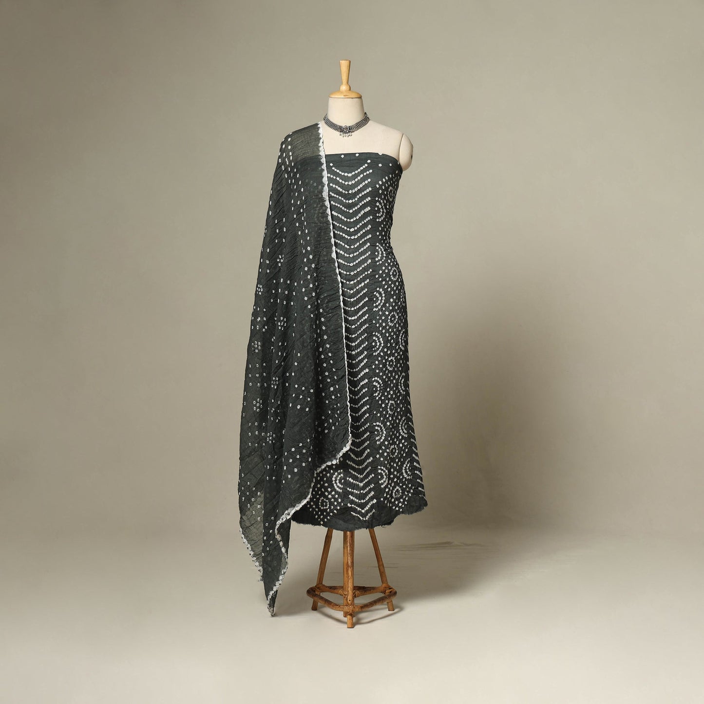 Grey - 3pc kutch tie-dye satin cotton unstitched bandhani