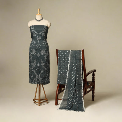 Grey - 3pc kutch tie-dye satin cotton unstitched bandhani