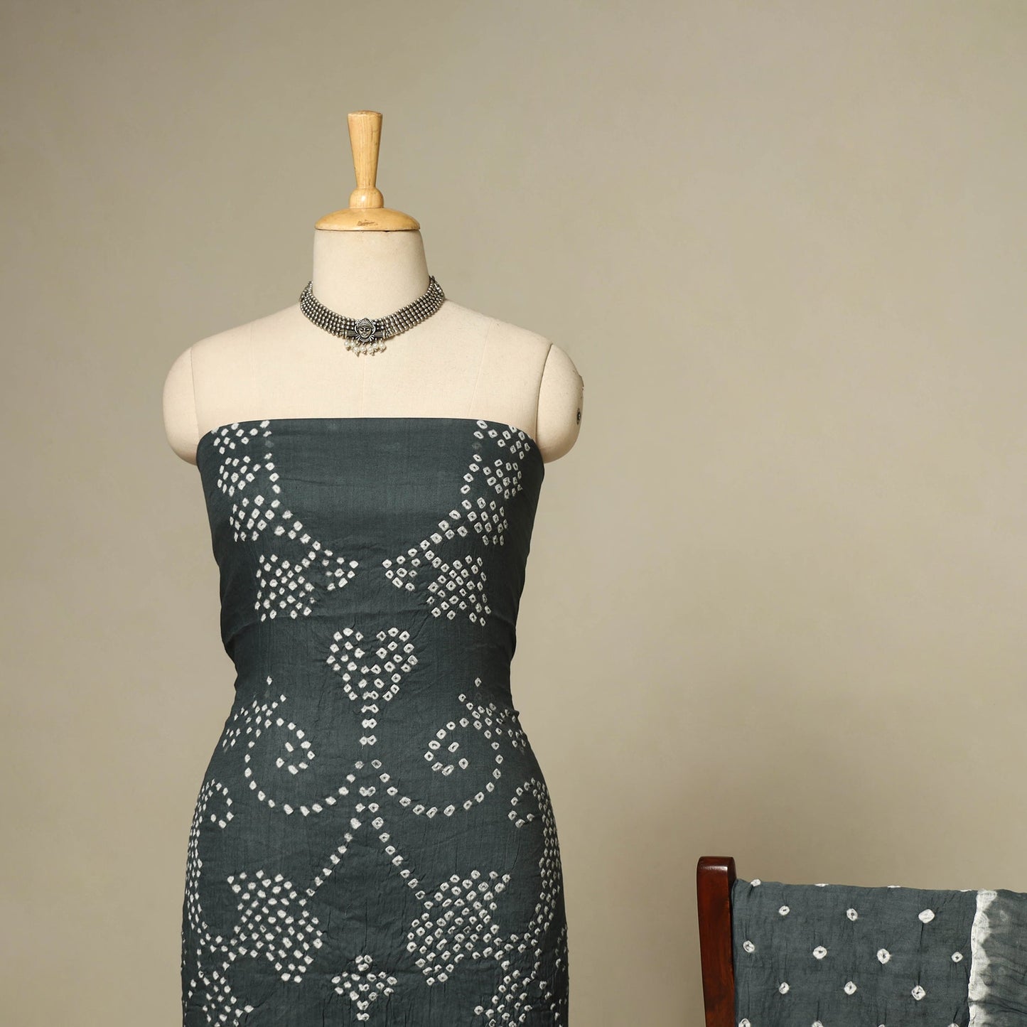 Grey - 3pc kutch tie-dye satin cotton unstitched bandhani