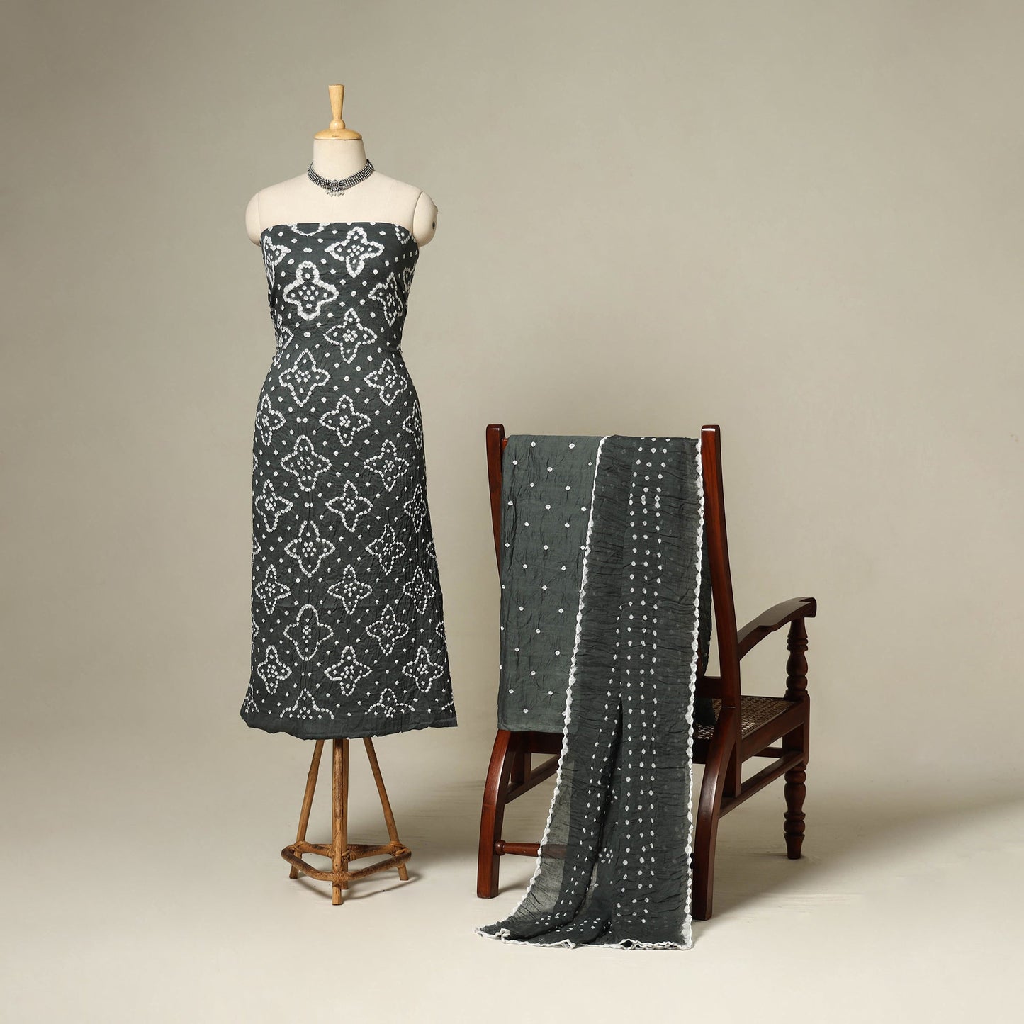 Grey - 3pc kutch tie-dye satin cotton unstitched bandhani