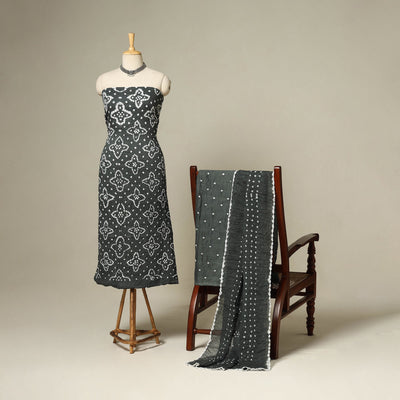 Grey - 3pc kutch tie-dye satin cotton unstitched bandhani