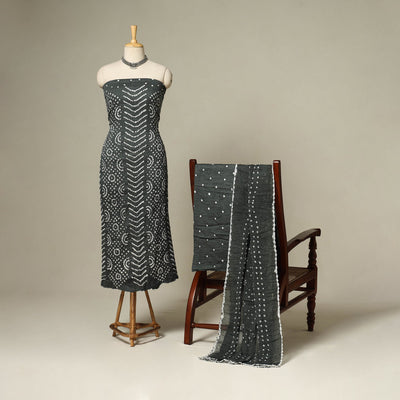 Grey - 3pc kutch tie-dye satin cotton unstitched bandhani