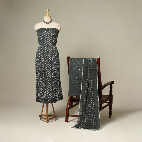 Grey - 3pc kutch tie-dye satin cotton unstitched bandhani