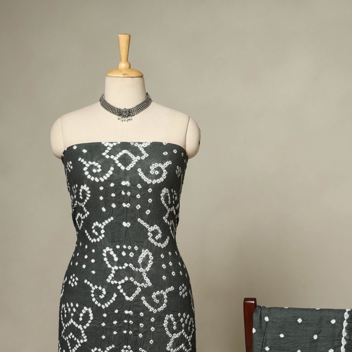 Grey - 3pc kutch tie-dye satin cotton unstitched bandhani