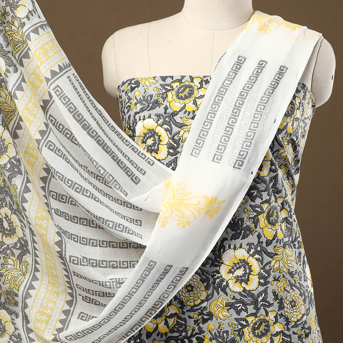  Grey 3pc Sanganeri Block Print Cotton Dress Material