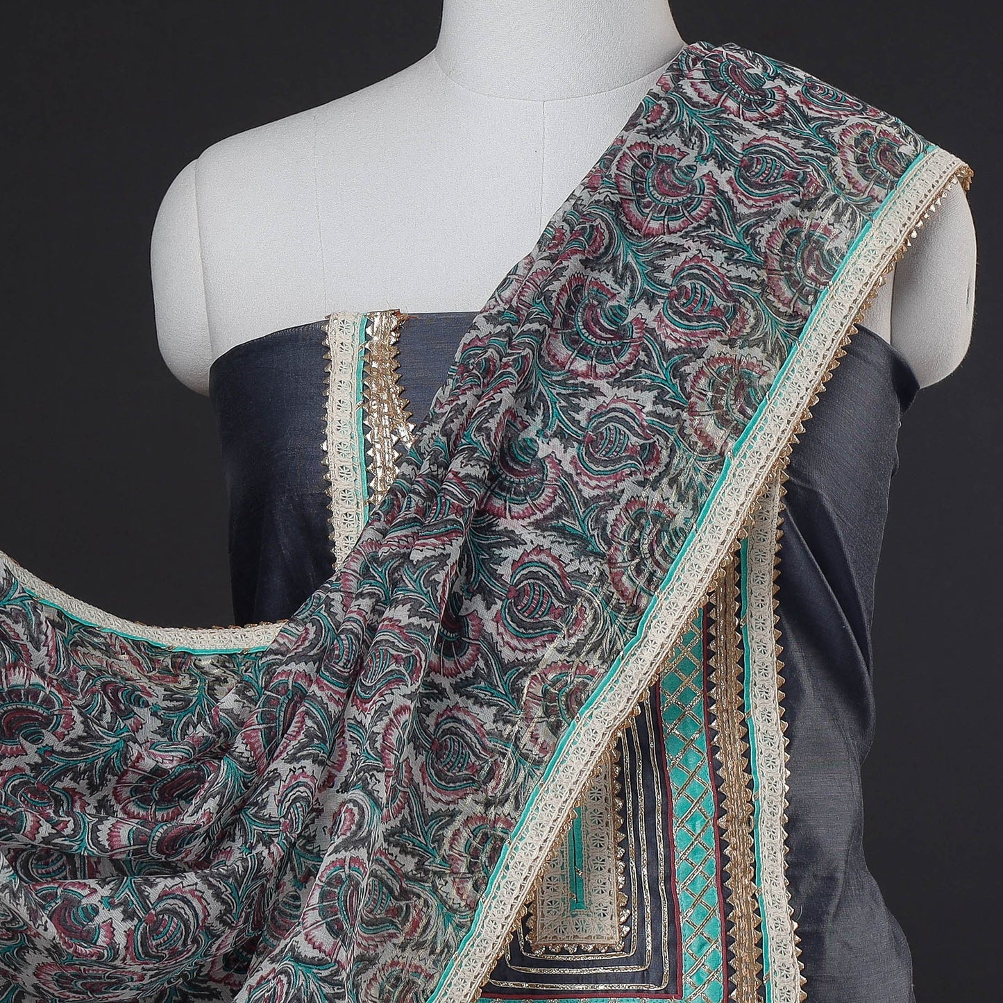  3pc Sanganeri Block Printed Chanderi Silk Gota Patti Work Suit Material Set 