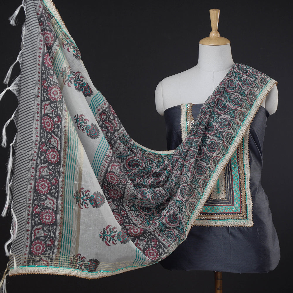  3pc Sanganeri Block Printed Chanderi Silk Gota Patti Work Suit Material Set 
