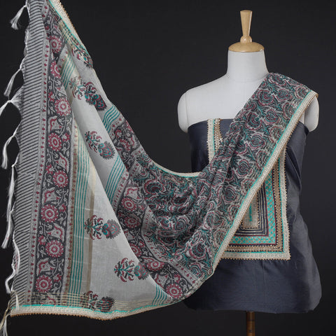  3pc Sanganeri Block Printed Chanderi Silk Gota Patti Work Suit Material Set 