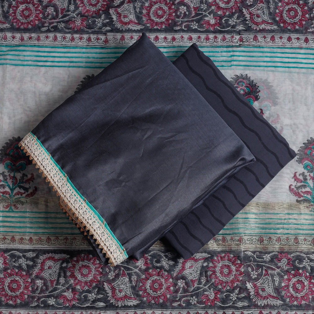  3pc Sanganeri Block Printed Chanderi Silk Gota Patti Work Suit Material Set 