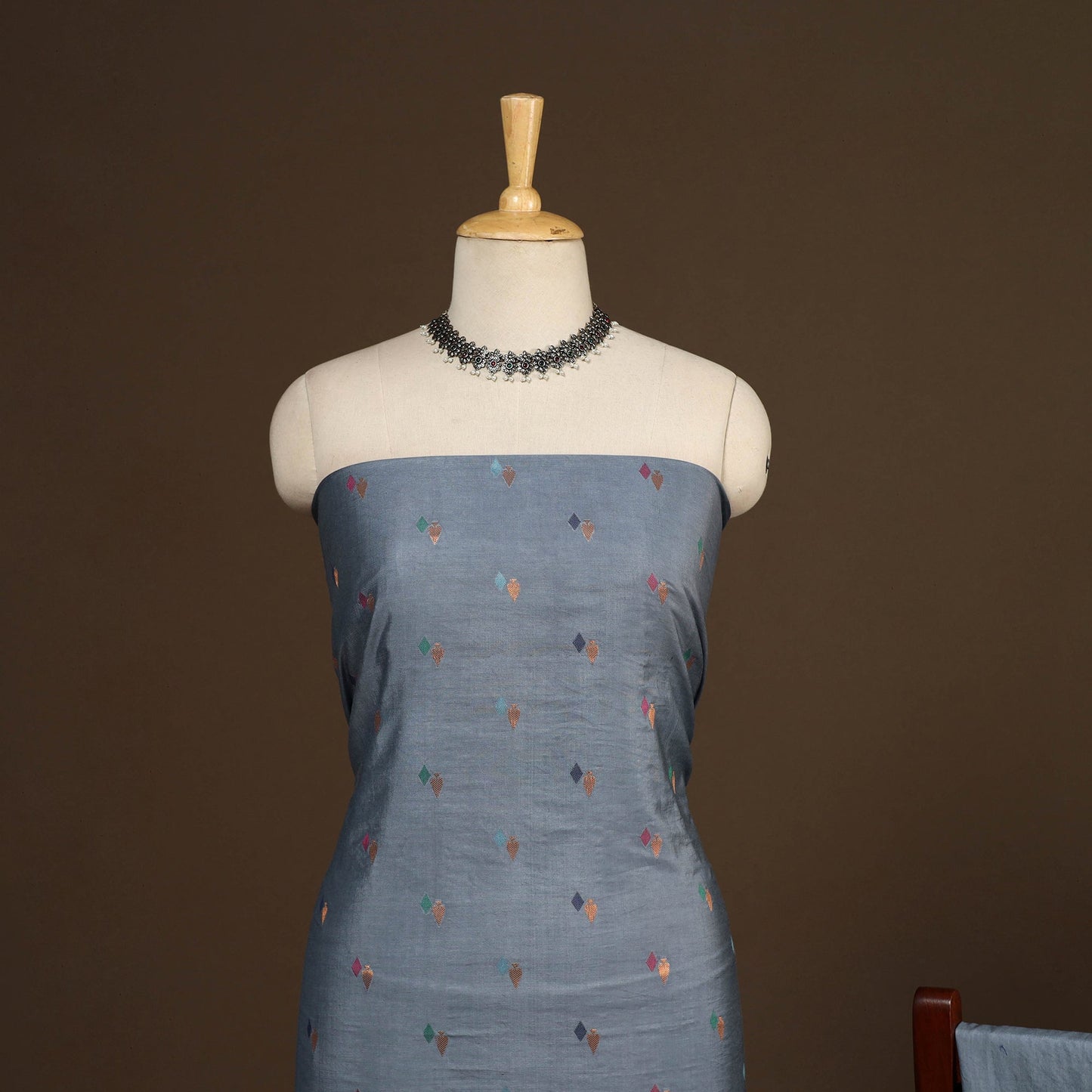 Grey - 3pc silk cotton meena weaving unstitched banarasi