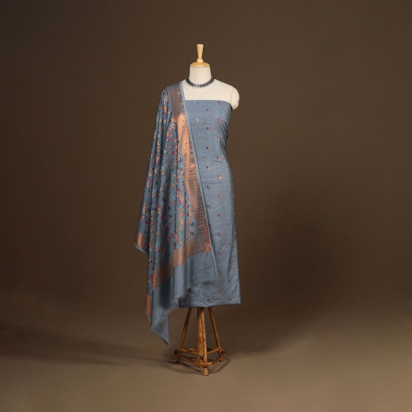 Grey - 3pc silk cotton meena weaving unstitched banarasi