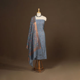 Grey - 3pc silk cotton meena weaving unstitched banarasi