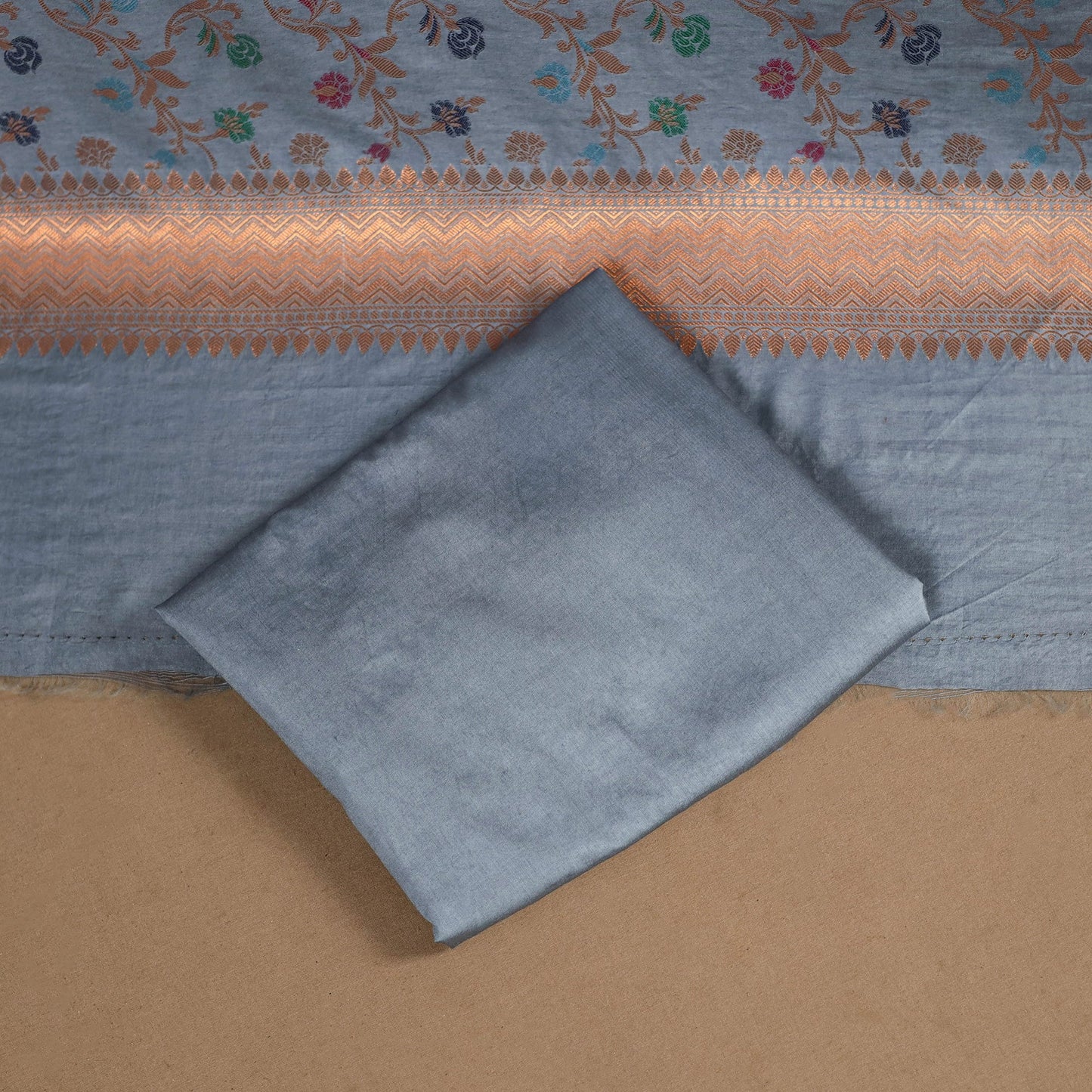 Grey - 3pc silk cotton meena weaving unstitched banarasi