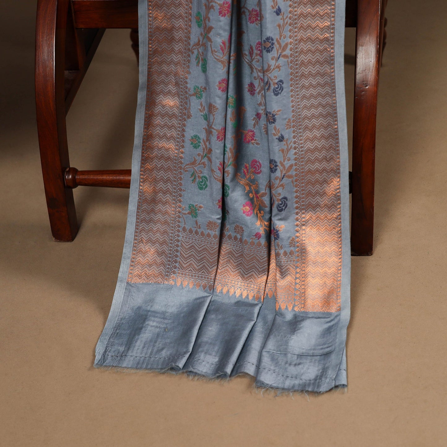 Grey - 3pc silk cotton meena weaving unstitched banarasi