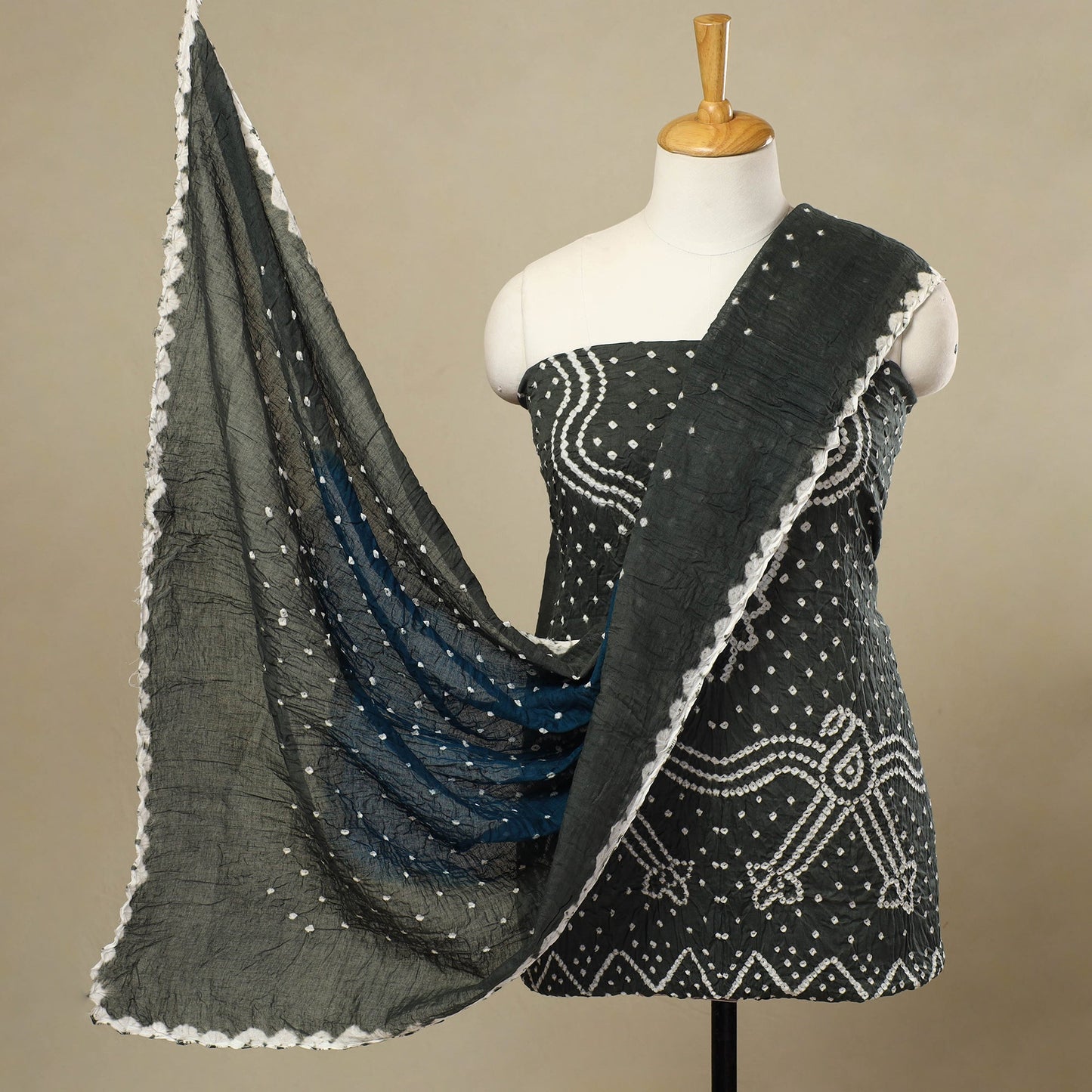 Buy 3pc Grey Tie & Dye Satin Cotton Bandhani Dress Material