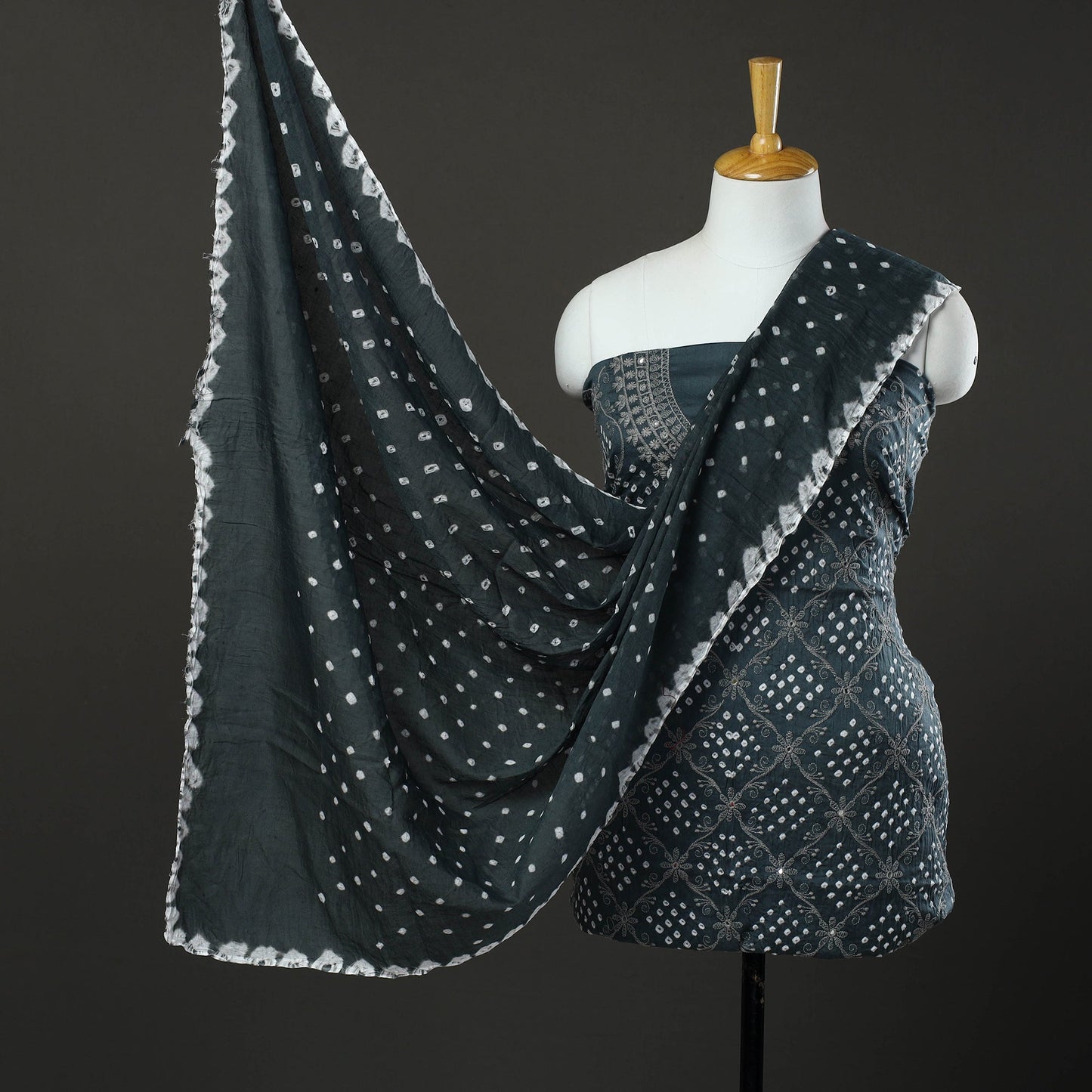 Grey - 3pc tie & dye satin cotton bandhani unstitched dress