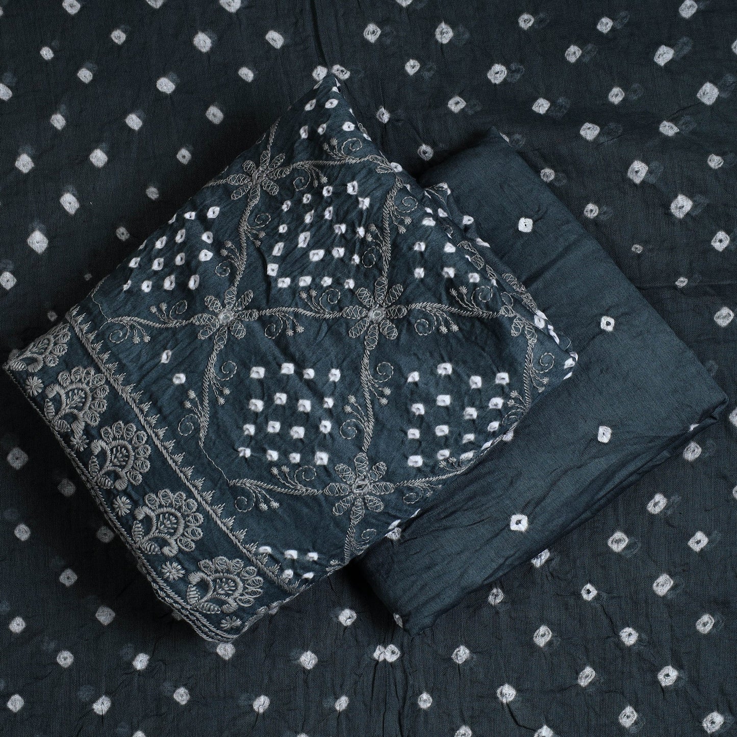 Grey - 3pc tie & dye satin cotton bandhani unstitched dress