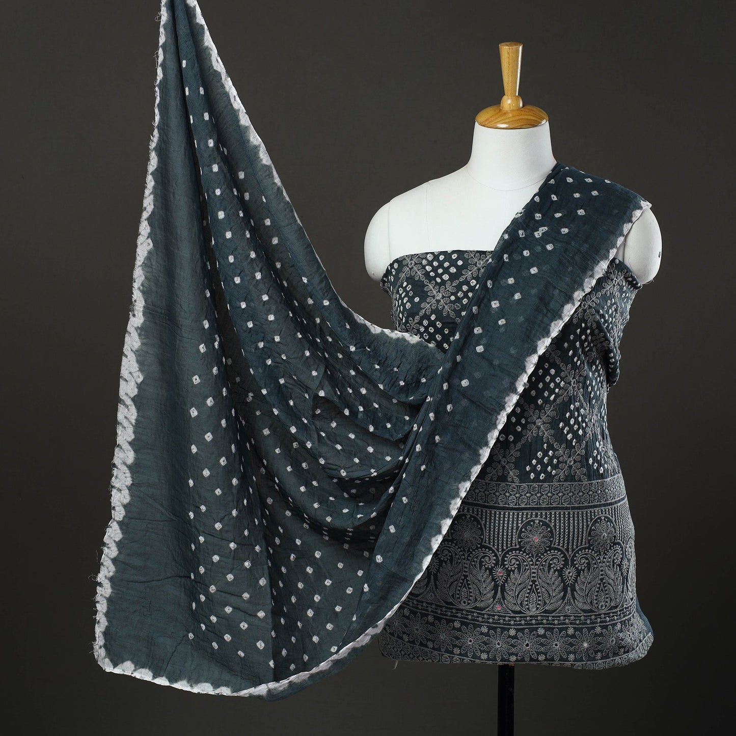Grey - 3pc tie & dye satin cotton bandhani unstitched dress