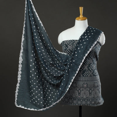 Grey - 3pc tie & dye satin cotton bandhani unstitched dress