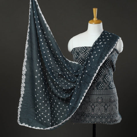 Grey - 3pc tie & dye satin cotton bandhani unstitched dress