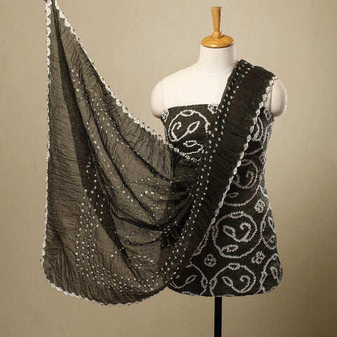 Grey - 3pc tie & dye satin cotton bandhani unstitched dress