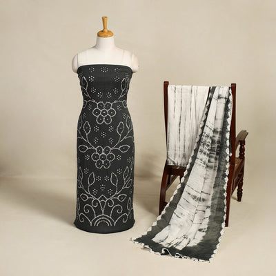 Grey 3pc Tie & Dye Satin Cotton Shibori Bandhani Dress Material
