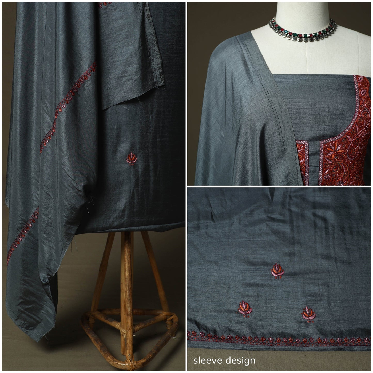 Aari work sozni hand embroidery silk 3pc unstitched dress