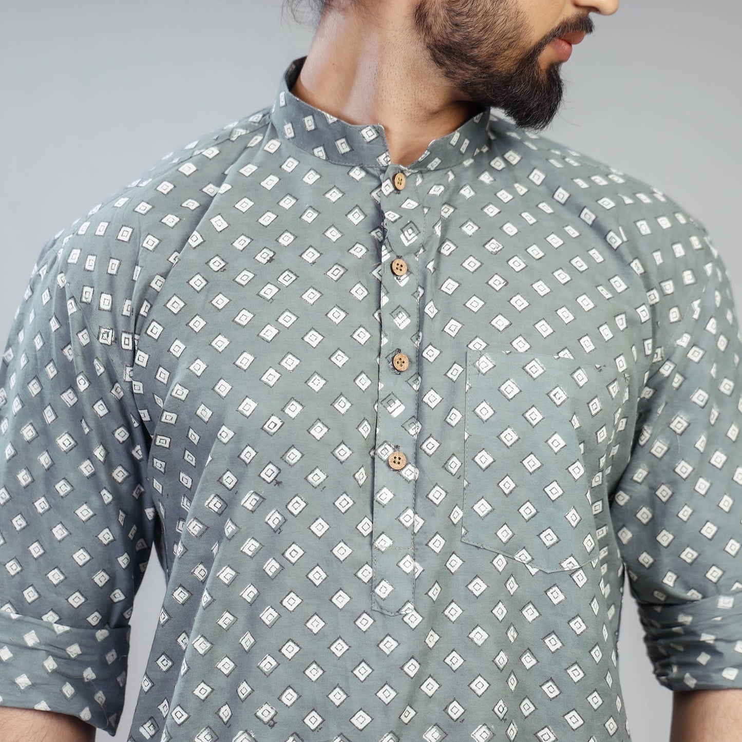  Grey Akola Block Print Cotton Men Short Kurta 