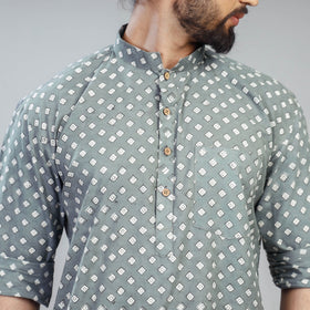  Grey Akola Block Print Cotton Men Short Kurta 