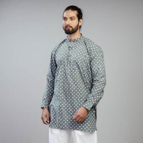  Grey Akola Block Print Cotton Men Short Kurta 