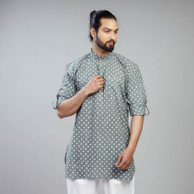  Grey Akola Block Print Cotton Men Short Kurta 